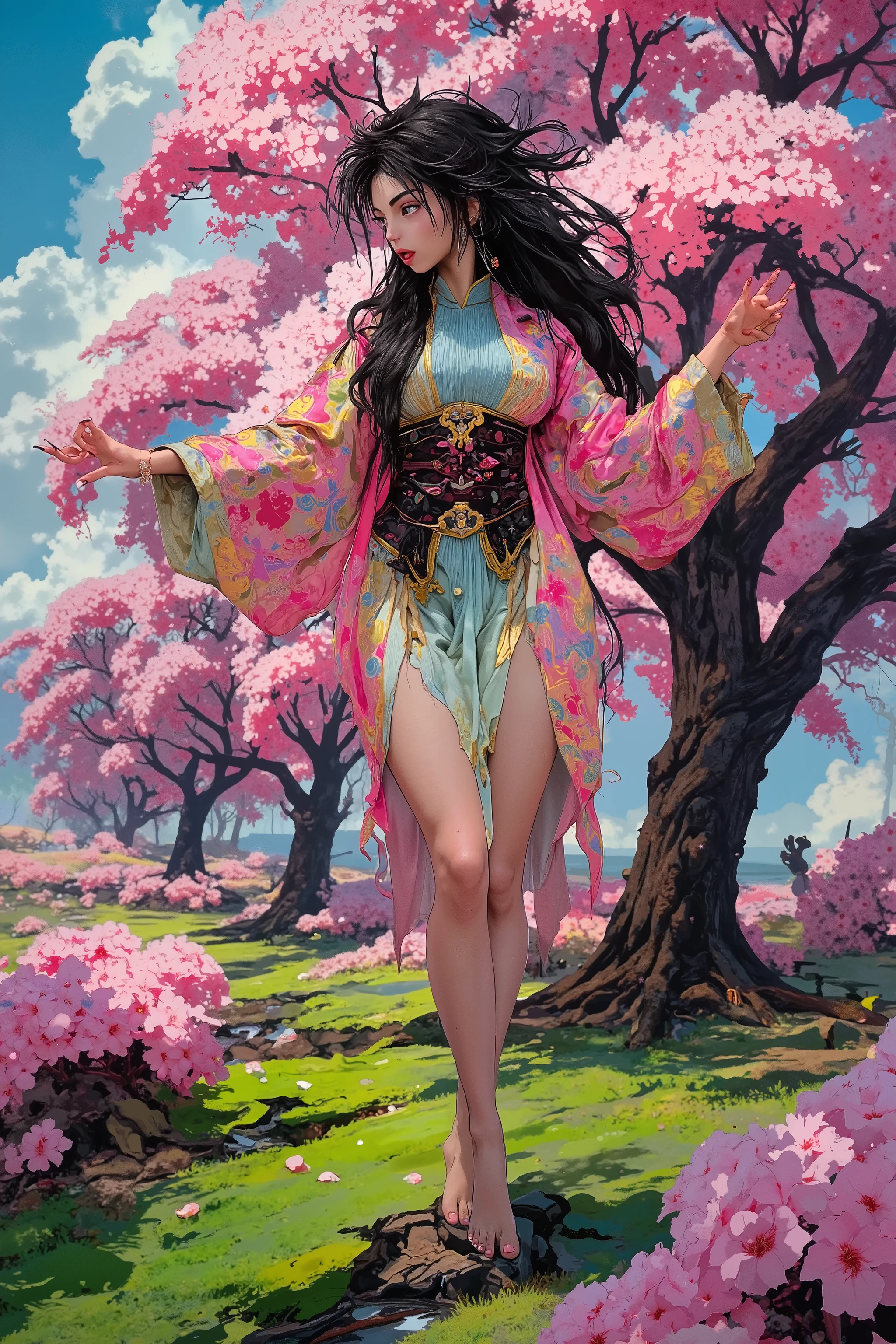 (High fantasy)(Feudal Japan) A Sakura goddess (exquisite kimono made of cherry blossom petals with golden trim, cute, pale white skin, cherry blossom aura, exquisite makeup, bare feet, lovely hair), floats down from the heavens to inspect the blooms in a cherry orchard, her feet do not touch the ground, cherry orchard in full bloom, magical scene, niji art style influence