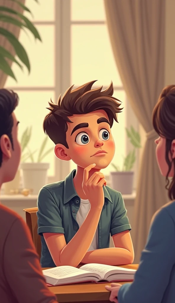 Son is worried studying because his dad and mother fighting together on background 