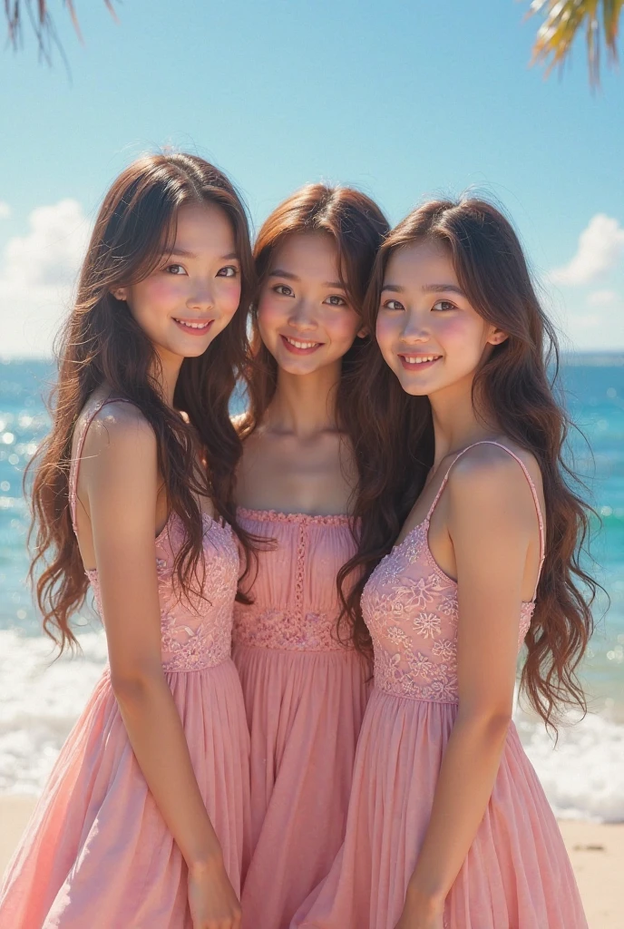 ((Highest quality)), ((Very detailed)), masterpiece, Detailed face, Beautiful Face, (Fine grain, Deep Eyes), (One girl), Upper Body, , (At the Beach, Palm tree), Default 17 styles, English text:1.3, The background is a pastel color