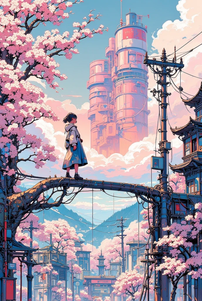 I'm walking on a tree with cherry blossoms., top view  , pixel  art scene, Women Unknown, cmyk palette, Lo-fi girl, amazing pixel  art, pixel  animation-style cityscape, a full pixel  art scene, pixel  animation still image anime color paper, pixel  game illustration, hosoda mamoru, эстетика игр 90-х, pixel 