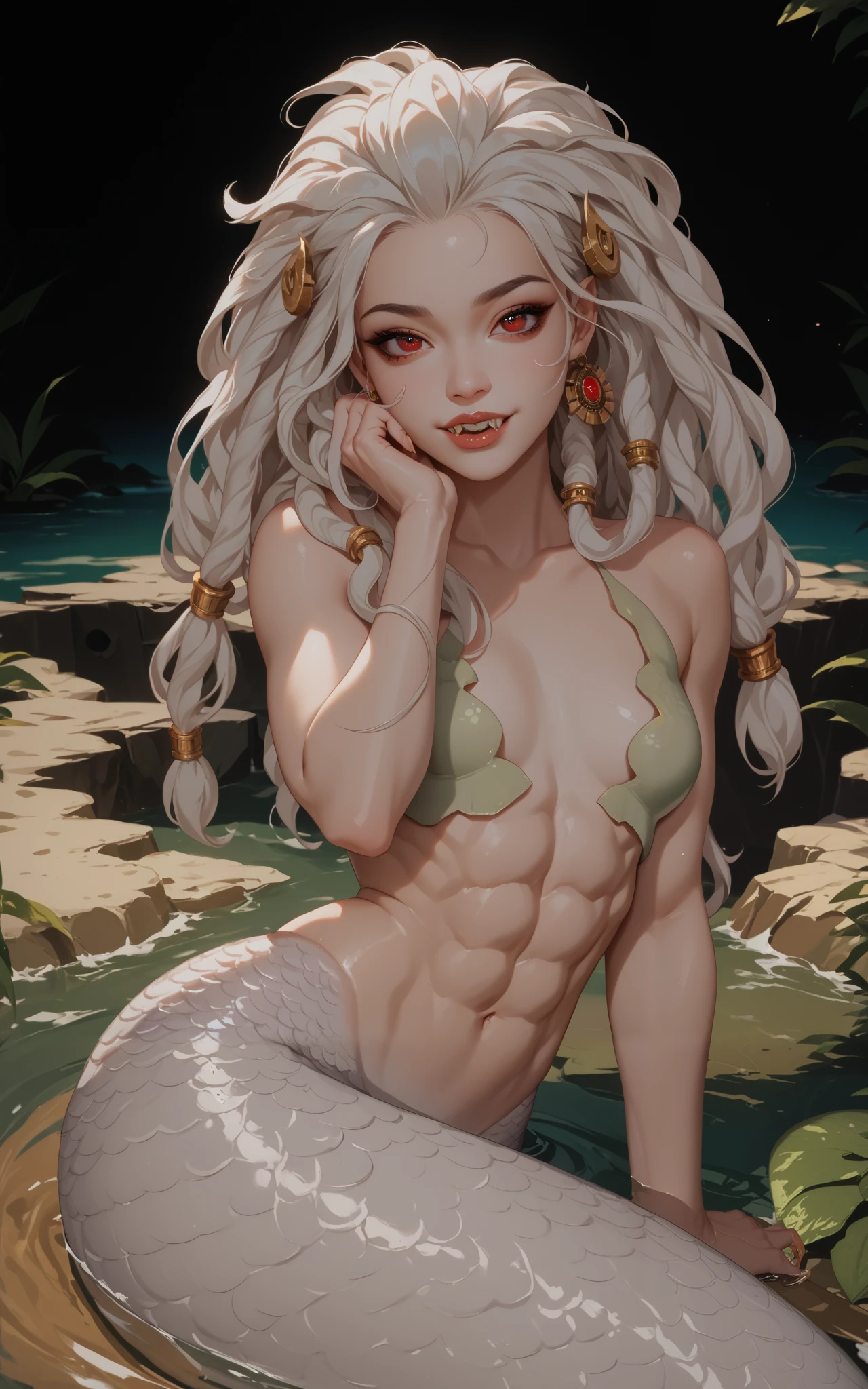 masterpiece, HD , great quality, very aesthetic, absurd,  high contrast ,  high color palette , light glare ,Latest ,2.5D,Volumetric lighting, Sweet, jung, 1 girl, Asian, mermaid, succubus girl, round face, slanted eyes, asian girl, Asiane Augen, blemish thin lips, small breasts, abs, ebony skin, shiny white skin, dandruff, red eyes,athletic body, aztekisch, white hair strands, looks at the viewer, Dreadlocks,  shy, sharp teeth, cat fangs, background: jungle and Aztec ruins,  look like a young Jennifer Lawrence