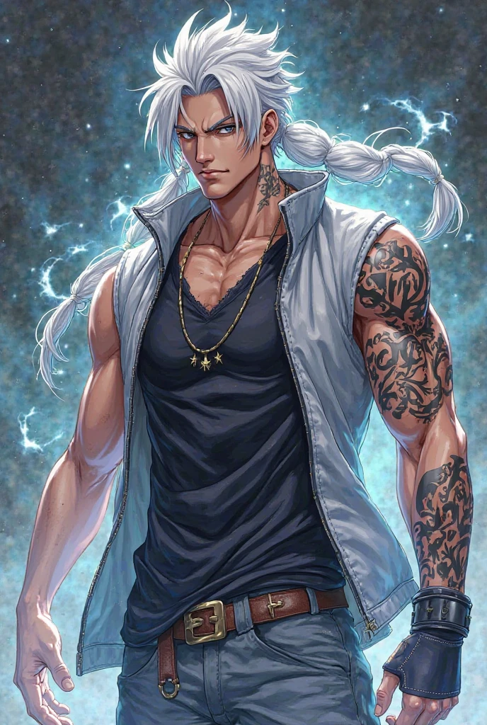 A young African god with bright white eyes, long white hair and cracks around his body while dressed in a black jeans putting on white singlets