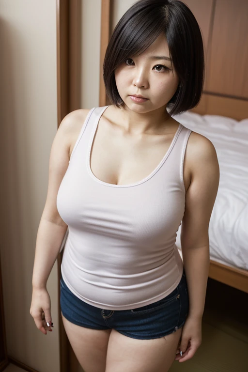 japanese modest female,light brown hair,dirty t-shirt, gray sweat pants,large tareme,curvy short hair,portrait