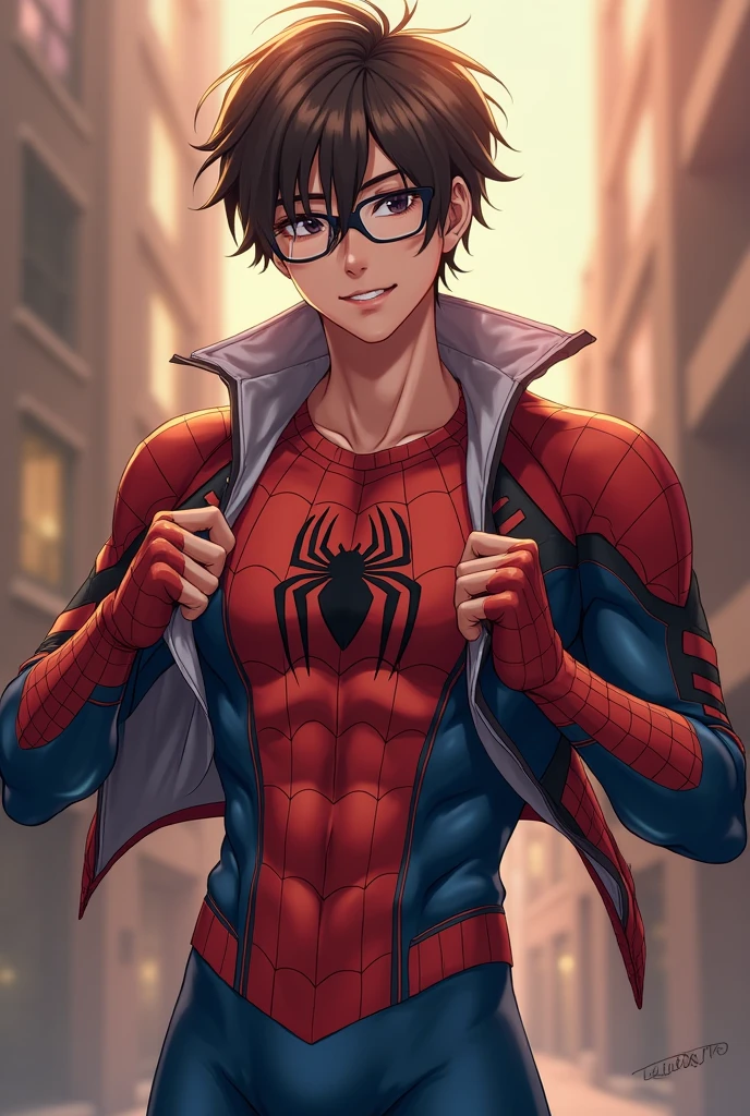 (masterpiece, best quality),smiling man with typical cryptocurrency nerd glasses, complex, (dressing room), full body, wearing Spider-Man costume, bright colors, (depth of field: 1.2), (sit-ups), blushing, looking at the audience, on the floor, opening legs, --auto --s2