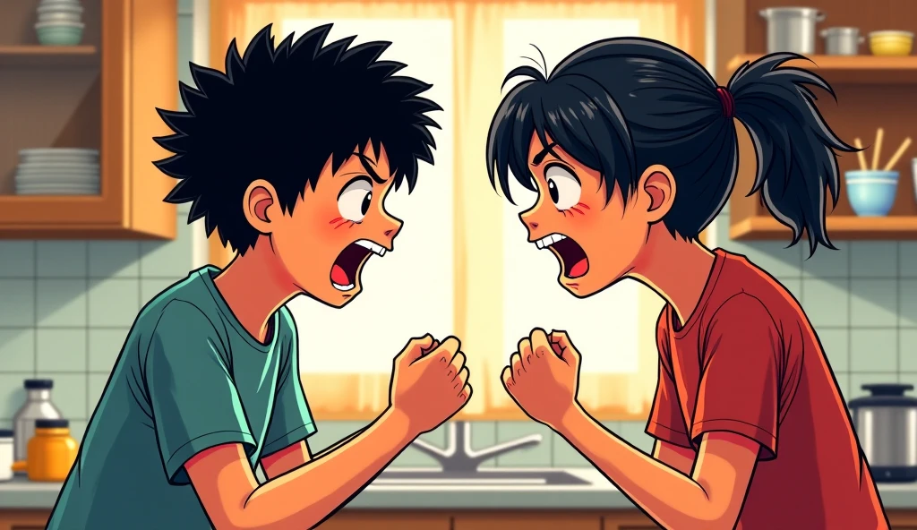 Situation: A child or teenager arguing with one of his parents. The scene shows the child raising his voice or having a defiant posture (closed fists, Crossed arms) while an adult (the father or the mother) try to talk to him. The discussion is clearly escalating.