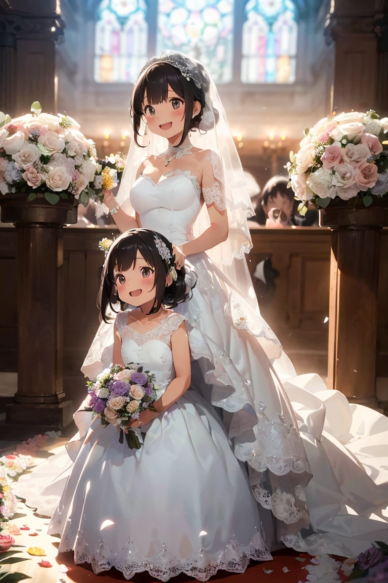 (masterpiece), (Highest quality), (Very detailed), (Best illustrations), (Best Shadow), (Absurd), Two Women, Age 25, Wedding dress, smile, Medium chest, shy, Wedding hall,