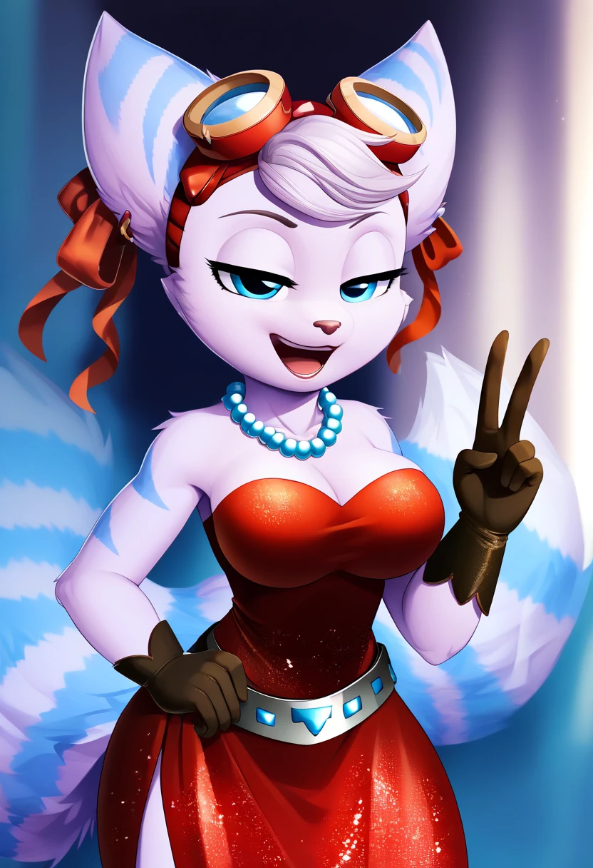 Miss Sweet the female fennec supervillain, cake themed costume, sprinkles, cake icing hair, red lipstick, full body view