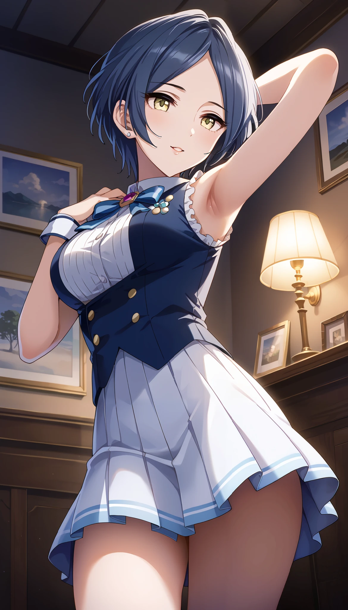 Hayami kanade/Hayami kanade、 light blue sleeveless shirt,white tight skirt、low angle、medium breasts、arm up pose、room、Ulchan-6500-v1.1, ( RAW photos :1.2), beautiful detailed, very detailed目 美しい目, beautiful eyes、yellow eyes、 file size is large, high resolution, very detailed, best quality, [masterpiece:1.6], Awareness-raising, very detailed, CG, finely, best quality, 8K wallpaper, perfect figure、Dynamic、very detailed、blue hair、short hair、cover、Thin thighs、Bare legs