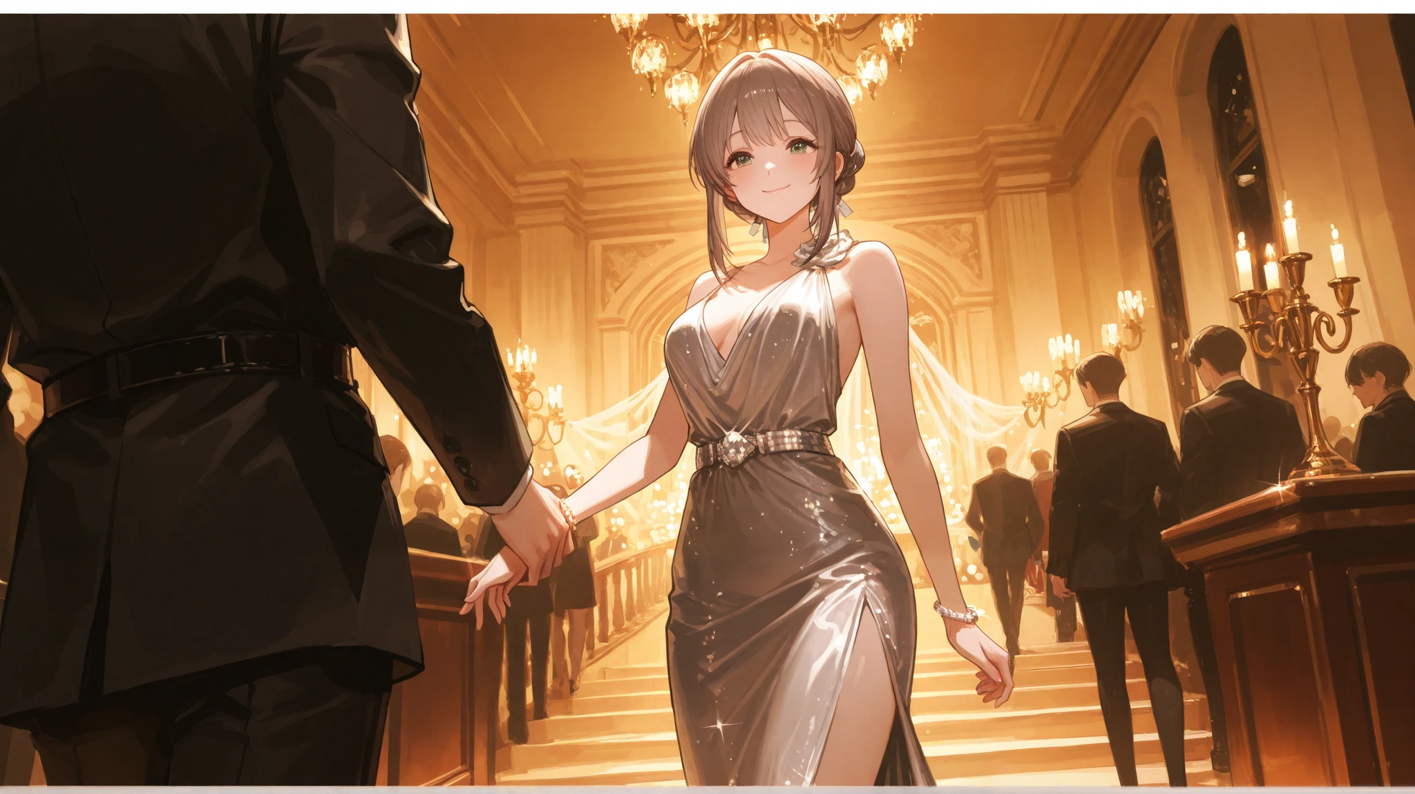 A grand corporate gala, glittering with chandeliers and soft classical music. Han Yura, in a sleek evening dress, stands before Seo Minjoon, who looks at her with quiet amusement. She hesitates, then asks for his belt—this time with a playful smile. Minjoon chuckles softly as he hands it over, but before she can walk away, he lightly grasps her wrist. Their gazes meet, this time filled with something warmer, more certain.