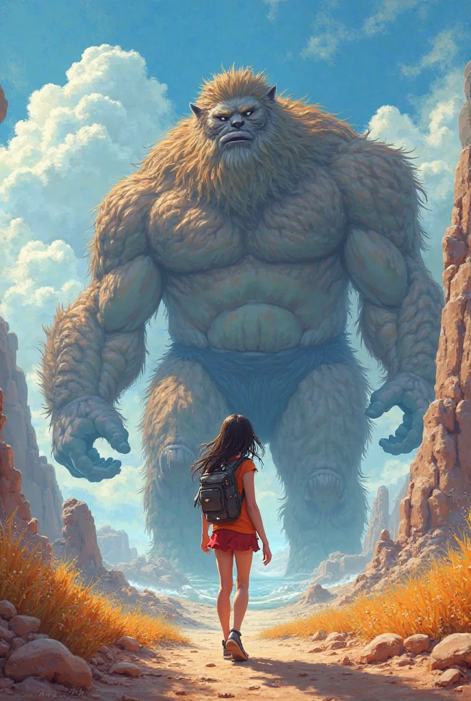 A person facing a towering, intimidating giant. The person is small and vulnerable, but they are filled with courage and faith. With a mighty swing of their sword, the person strikes down the giant, symbolizing their victory over fear and doubt.