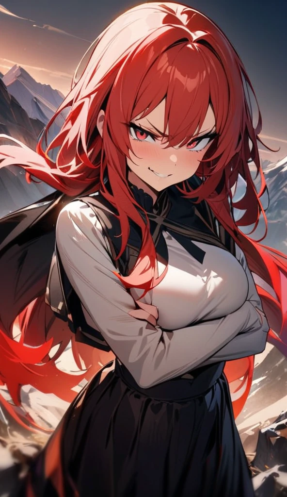 An adult woman, half wolf, black and red ears, ears down, red eyes, black and red hair, wide breasts, white dress, very angry, holding a sword