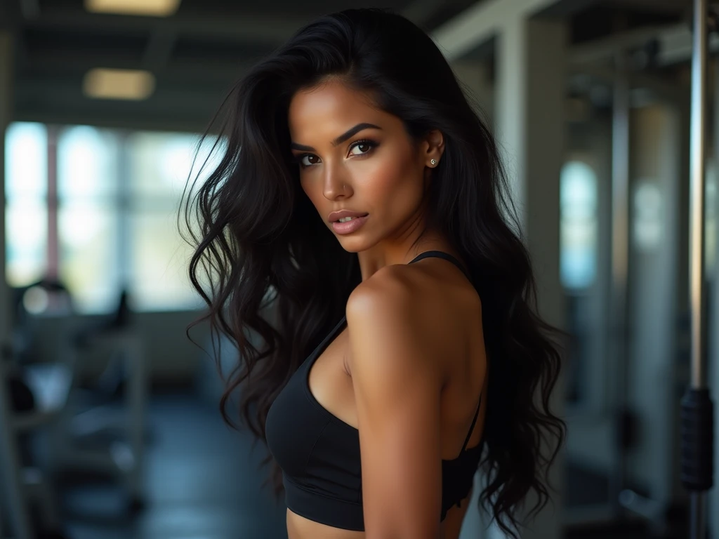 A beautiful Instagram model, at the gym, (long black hair, wearing a beautiful gym outfit) , full body view, ((big boobs)), (hourglass figure), (white girl), detailed face, beautiful eyes, luscious lips, cinematic lighting, photorealistic, highres, 8k, (best quality:1.2), (realistic:1.37) , (full body view), at the gym, sweating, wet