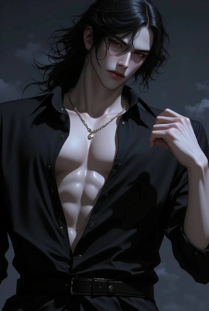 19 year old boy, White skin, wear black clothes, his face expresses sadness and emptiness, his marked jaw, green eyes, marked dark circles, wavy black hair,  blood dripping all over his face, like a martyr. In the background you can see an abandoned church and a cross.