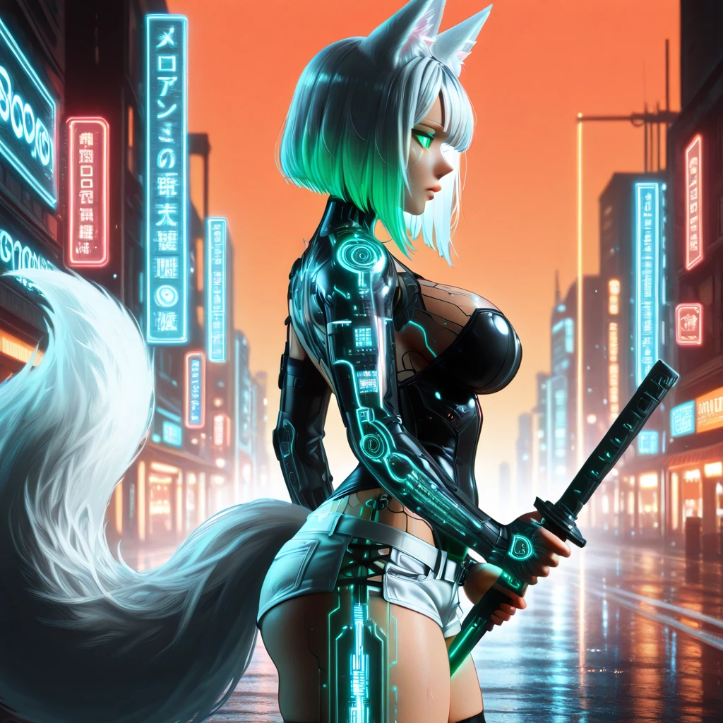 Realistic epic, a stunning visual photo of a kitsune | shiny | cyberpunk city | neon light | vibrant | Full body | main visual | dynamic fighting pose | best quality | lighting, volumetric fog, bioluminescence, volumetric atmosphere, studio trigger Military style knee pads, UHD, HDR, 16K.