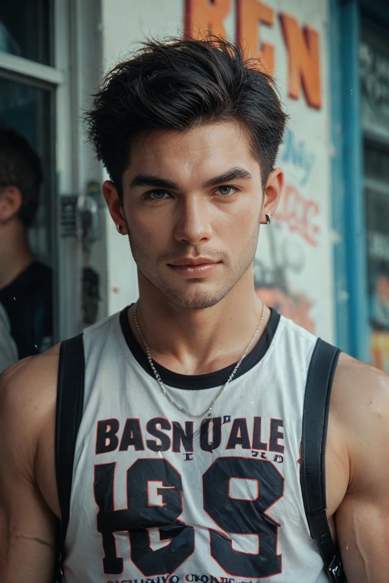 Full Body A very handsome man, 18 year old, black spiky hair, wearing Tanktop and Jeans, standing close up with beautiful garden, kitten, a smile expressions,
Super Realistic.