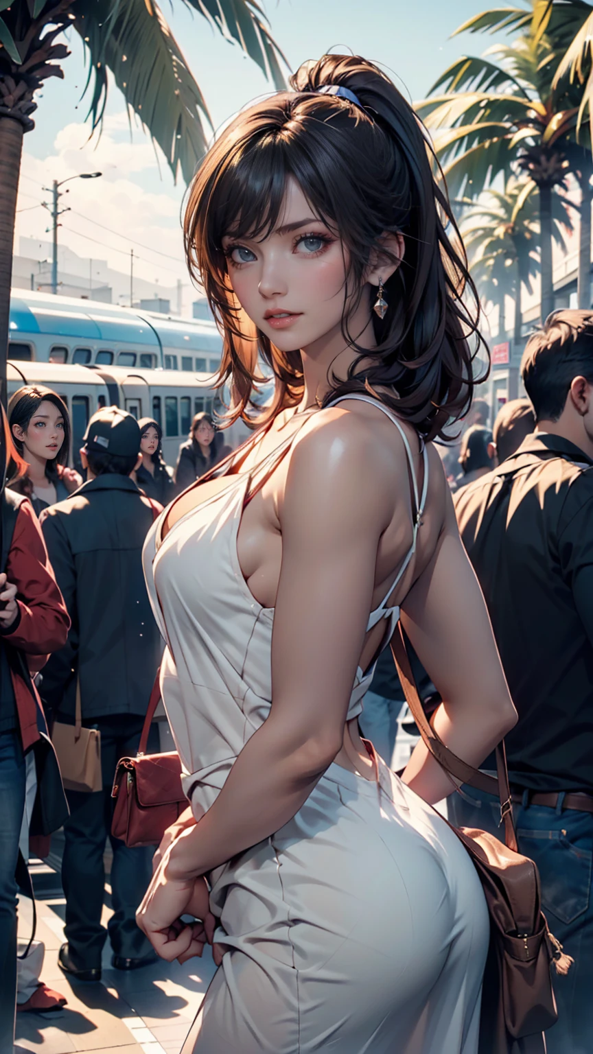(ultra realistic,32k, masterpiece:1.2),(high detailed skin:1.1),( high quality:1.1),
<lora:vanessadoof:0.5>vanessadoof,annoyed, brown hair, blue eyes, tube dress, short dress,(strapless, halterless, sleeveless:1.3),(cleavage:1.2),city park, sunshine, cherry blossoms, blurry background,, huge breast,large breast,(looking at viewer, standing, from below:1.1),, <lora:add_detail:0.9>,
(glow in the dark:1.1),