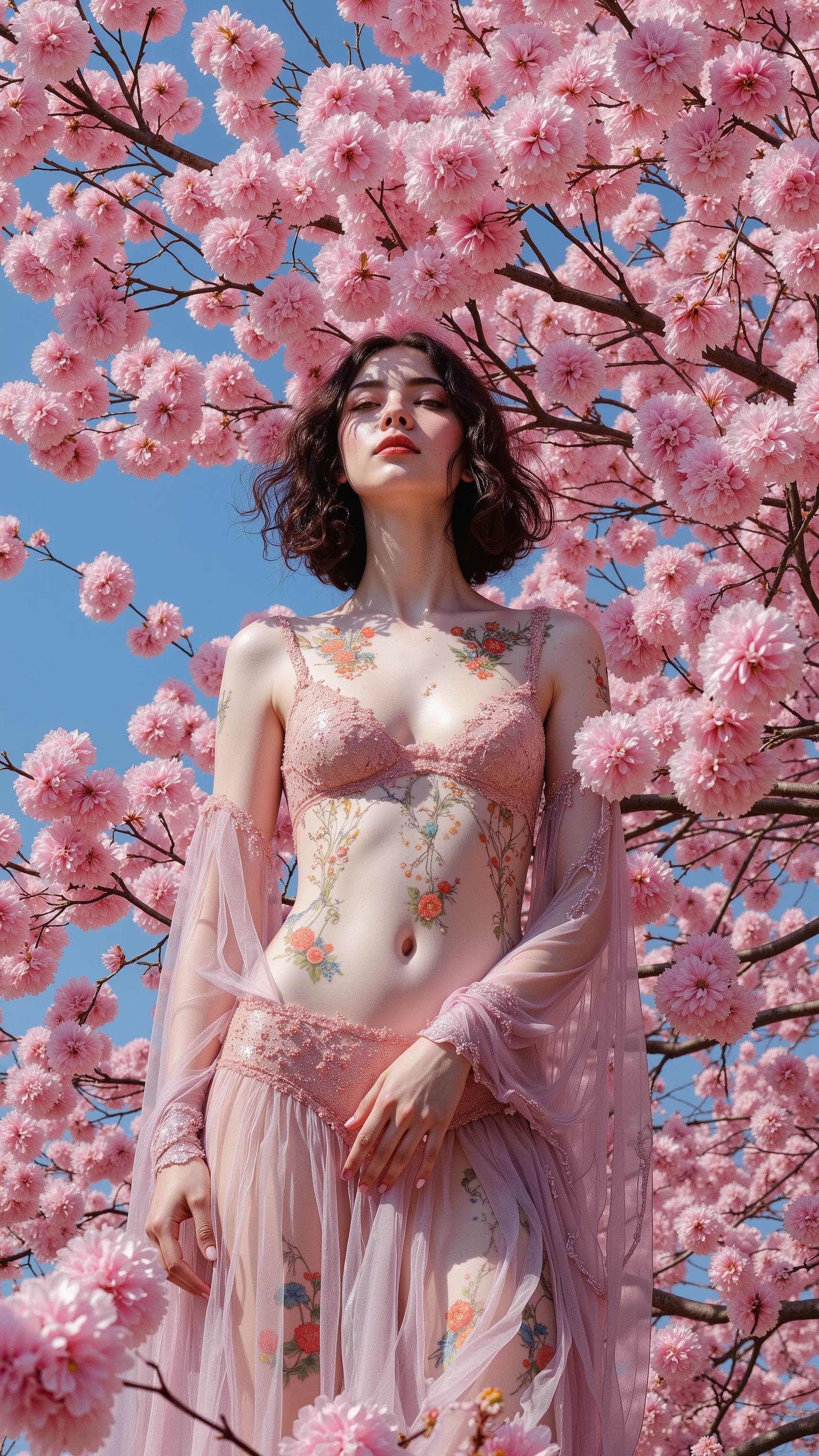 A dreamlike scene, Dreamy,
natural
Japan,
1girl, Cherry Blossom Goddess,
A young high-class prostitute with cherry blossom tattoos all over her body,
Her body becomes transparent and fades away as she ascends to the sky,
Perhaps as a punishment for having made so many men ascend to the sky,
She has become the goddess of cherry blossoms and looks down on the earth from the rising sky,