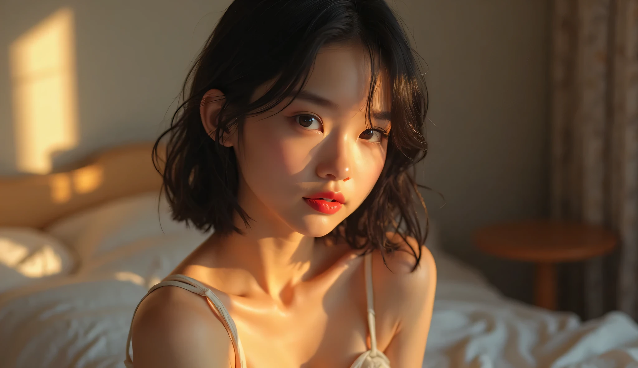 (8K, Raw photo, realistic:1.25) ,( lip gloss, whip, shiny face, Glossy skin, highest quality, 超A high resolution, Depth of the bounds written, chromatic aberration, caustics, wide range lighting, natural shading, K-POPアイドル) Look at the audience with serenity and goddess-like happiness,((((simple background、naked,Downbob、small breasts))))