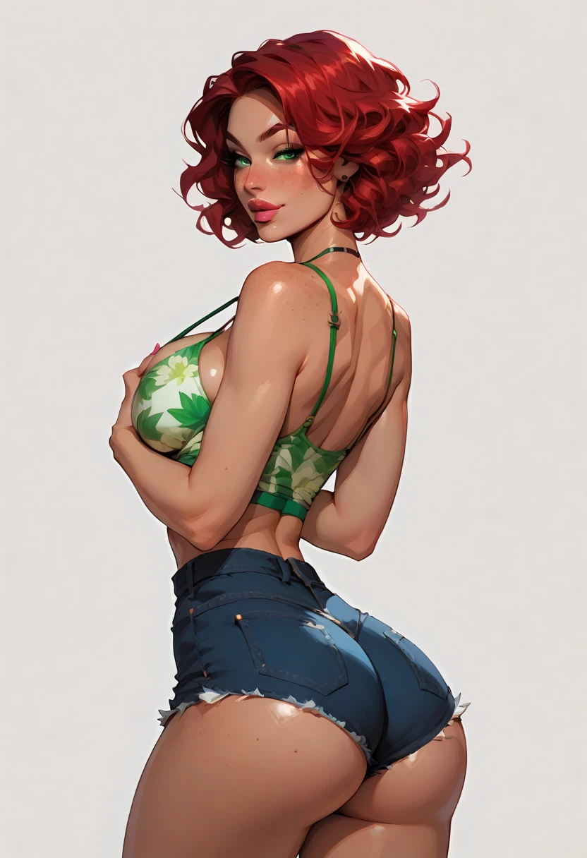 ((Masterpiece)), ((Best Quality)), Ultra High Resolution, HDR, absurderes, 8K, (1 girl), intricate details, ultra-detailed, dramatic lighting, blushing, shy face, green eyes, short ginger hair, wavy hair, (wearing a black bikini, jean shorts and a beach hat), in a restaurant, gorgeous girl, small size breasts, gorgeous body, glossy skin, vivid colors, full body view, detailed illustration, detail background, shy, feminine, professional artwork, big thighs, cleavage, small waist, wide hips, short hair