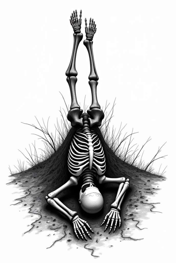 Black and white drawing of a skeleton lying on the floor
