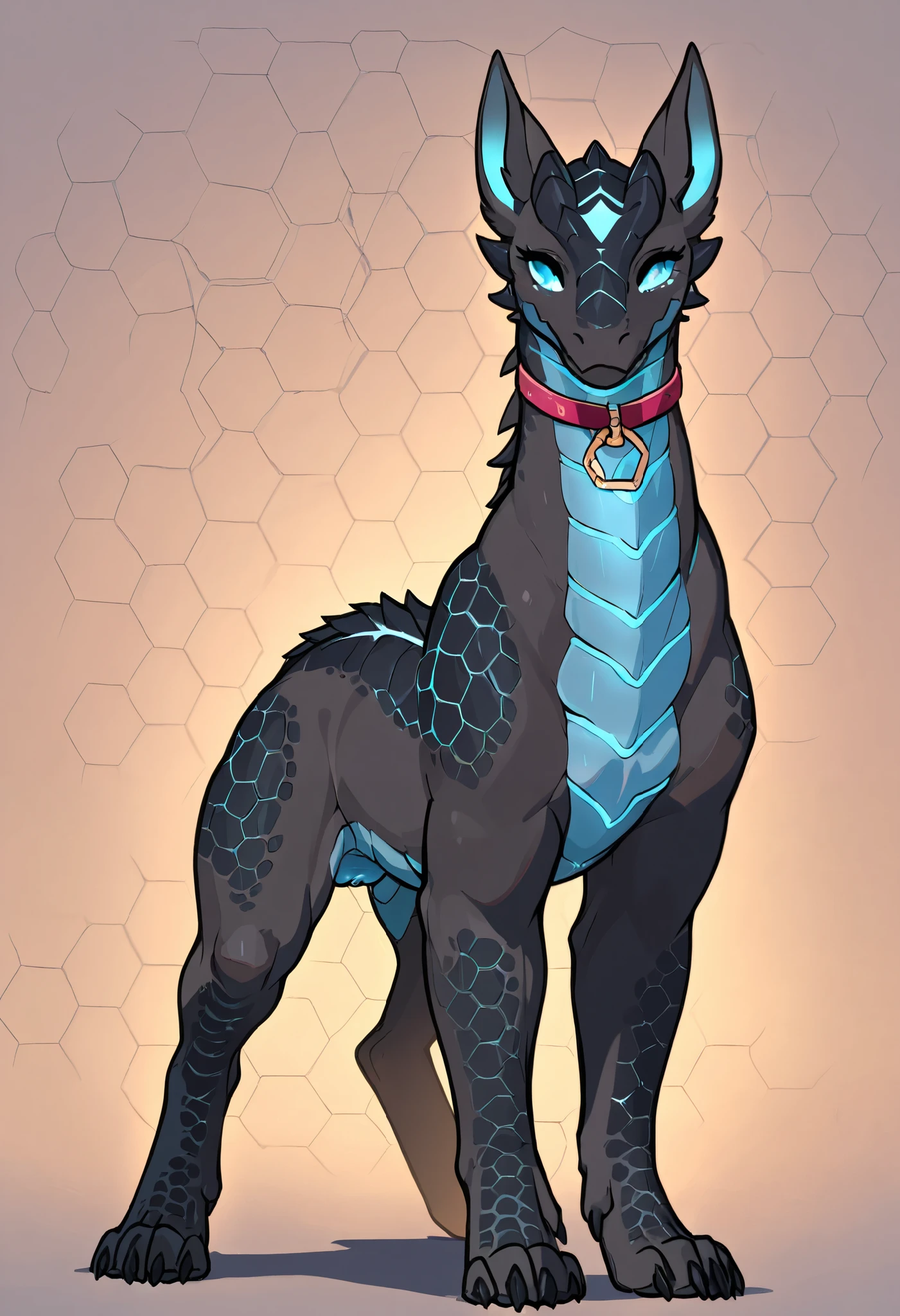 solo, female, feral dragon mount, quadruped, lean body, female, lean build, lean feminine build, hexagon scales, bioluminescence, feminine figure, dragon pussy between scales, asshole, nude, petite, collar, black canine pussy, no wings, facing viewer, full body view,