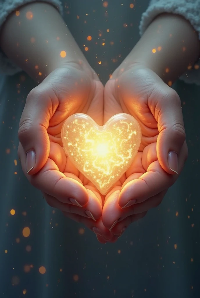 two unrealistic golden hands holding a golden heart with a navy blue background, the hands are not realistic, and they are golden