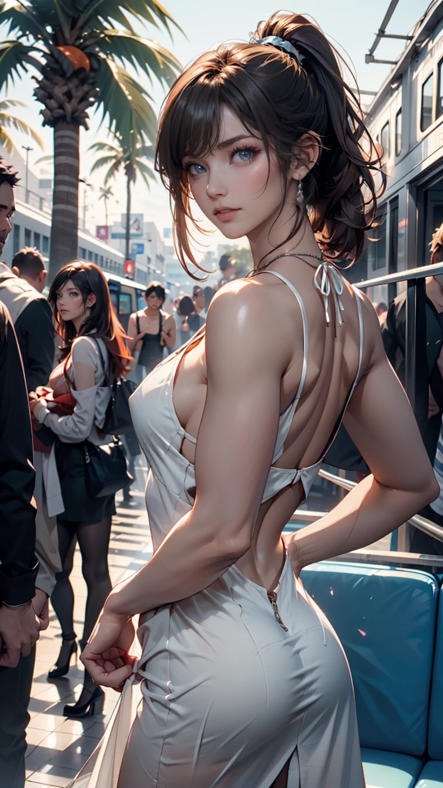 (Woman walking the streets of New York),realistic, High resolution, soft light,1 female, alone,((off shoulder white dress)) hip up, (detailed face), jewelry, street wear, Eyes that invite the viewer, Spouse'perspective, attractive appearance, sexy smile, perfect style, perfect balance, fine skin, naughty look, I can see your breasts、((Skirt soars in the wind)),((lift the skirt))、、((I can see her white thong panties))
