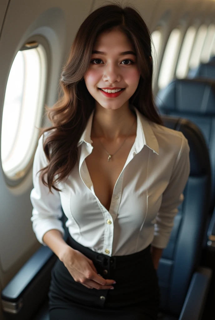 (master piece:1.2),(8k high resolution), (highest quality), (RAW image quality), (It's photorealistic:1.37), ,large eyes,long eyelashes,It's exquisite,(Live-action realistic style),ultimate face,Photorealistic light and shadow,clear facial features,milky white skin,fair skin, glossy skin, high detail skin,realistic skin details,visible pores,(super detail),Hair length is random, (flowing hair),best portrait,Photographed from a distance, 1- Female,beautiful detailed eyes, beautiful detailed nose, highly detailed skin,,(Beautiful face with double eyelids), (Realism: 1.4),(full body image), excellent detail, super high resolution,red lip,earrings ,delicate and beautiful face,,25 year old adult woman,(beautiful face 1.4),slender,( pink panties exposed),(Photographed in a bright airplane),(Flip up the skirt to show your panties), (Wear a flight attendant uniform,Flight attendant uniform color is random),Very beautiful stewardess,(Skirt flip),(standing in an airplane),(Flip up the skirt yourself),(Lift up your skirt and expose your panties),bra exposure