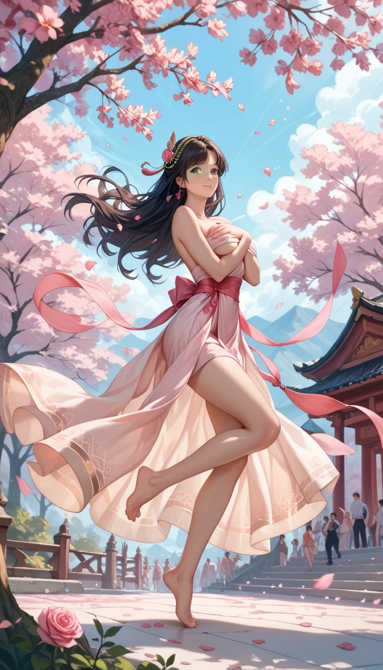 1girl, (full body),((upper body human, lower body resembling a horse waist up)), smile, beautiful lighting, best quality, masterpiece, ultra highres, photorealistic (watercolor style:1.3), (peony blossom background:1.4), wearing an elegant off-shoulder blue and white porcelain Hanfu gown,