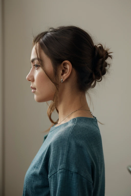 ((best quality)), ((masterpiece)), (detailed), face of a woman in profile with gray clothes and white background