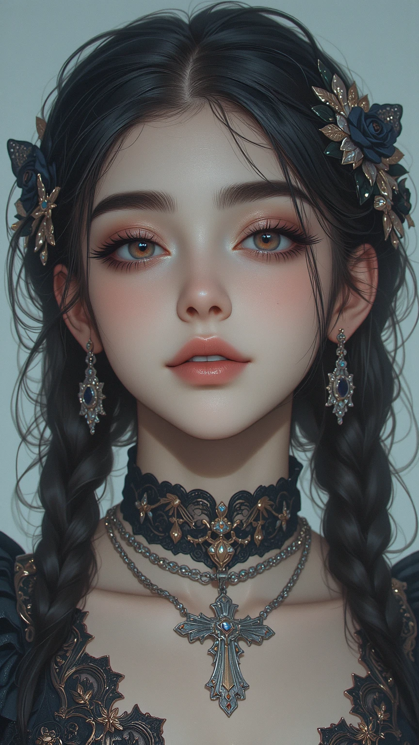 masterpiece, best quality, RAW photos, high resolution, hyper-detailing, Focus on the face, looking at viewer, Detailed eyebrows, realistic beautiful eyes, realistic glossy skin, straight Bangs, realistic movie lighting, detail shaded, high contrast, Slender, Sexy face, Facial expressions when receiving pleasure, ((Dark background)),