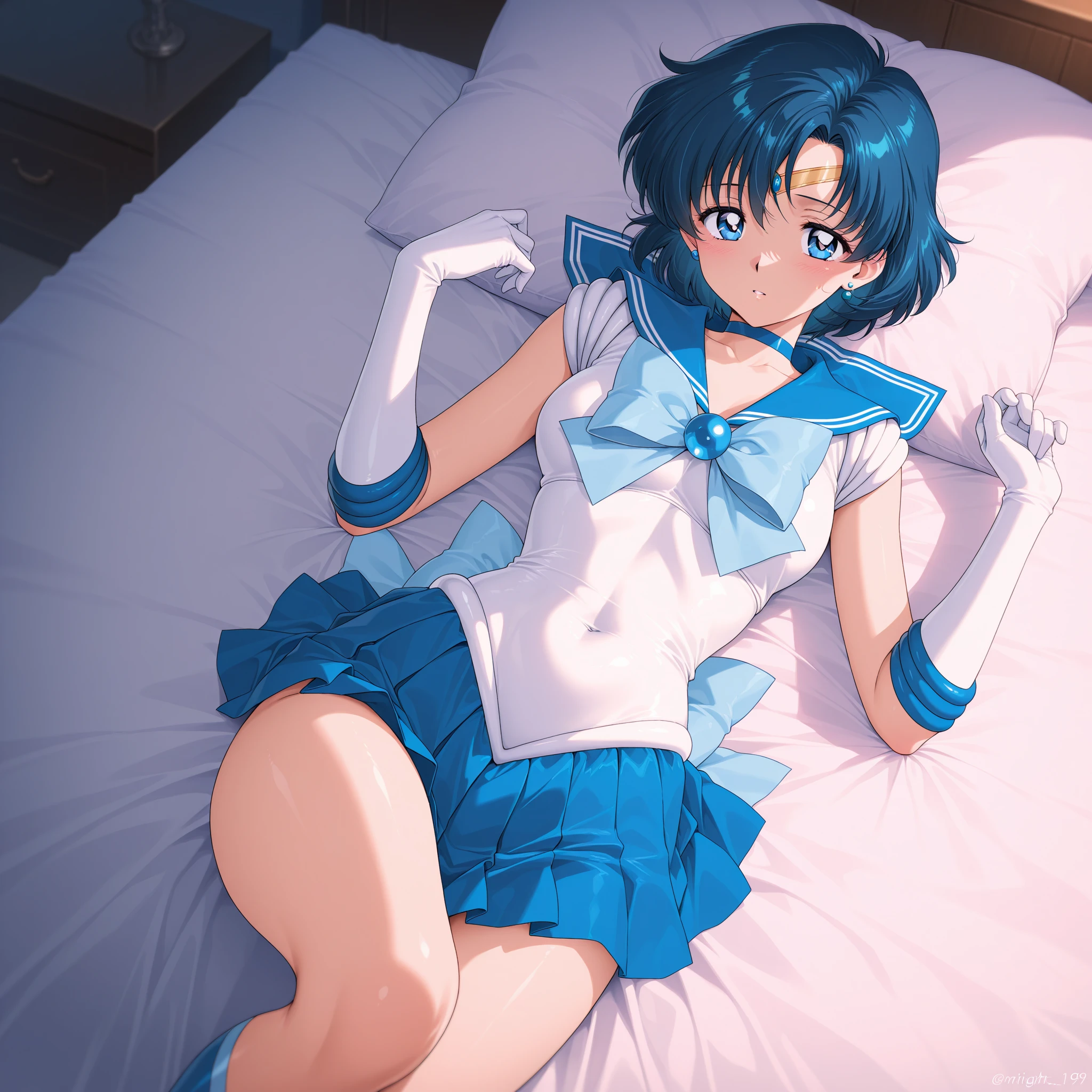 {{Sailor Mercury}}１４Year　so beautiful,　((Very small breasts)) Highest quality, Realistic, Complex, Overall Details　Blue Hair, Magical girl, 目 are blue, Blue Skirt, Cute white panties 白い肘までの長さの手袋, tiara, Pleated skirt ,Blue long boots　Light Blue Sailor Necklace, mini skirt, choker, blue choker, White gloves　Cute white panties　 Realistic park　((On the grass))　Raise your arms　Spread your legs　Sloppy posture　nap　((((Close ~ eyes))))))　(((sleeping face))) Beautiful armpits　Armpit sweat　Blushing