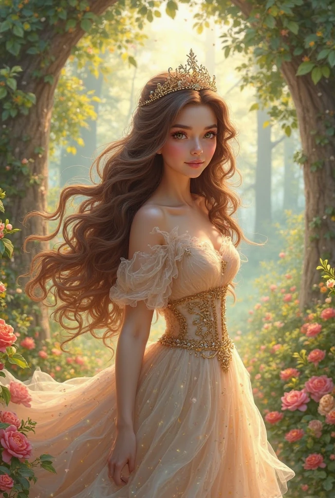 a girly girl, cute girl, 1girl, beautiful detailed eyes, beautiful detailed lips, extremely detailed eyes and face, long eyelashes, long flowing hair, adorable, pink dress, floral patterns, petals, fairy tale, fantasy, ethereal, glowing, golden hour lighting, soft lighting, pastel color palette, dreamy, whimsical, elegant, highly detailed, masterpiece, photorealistic