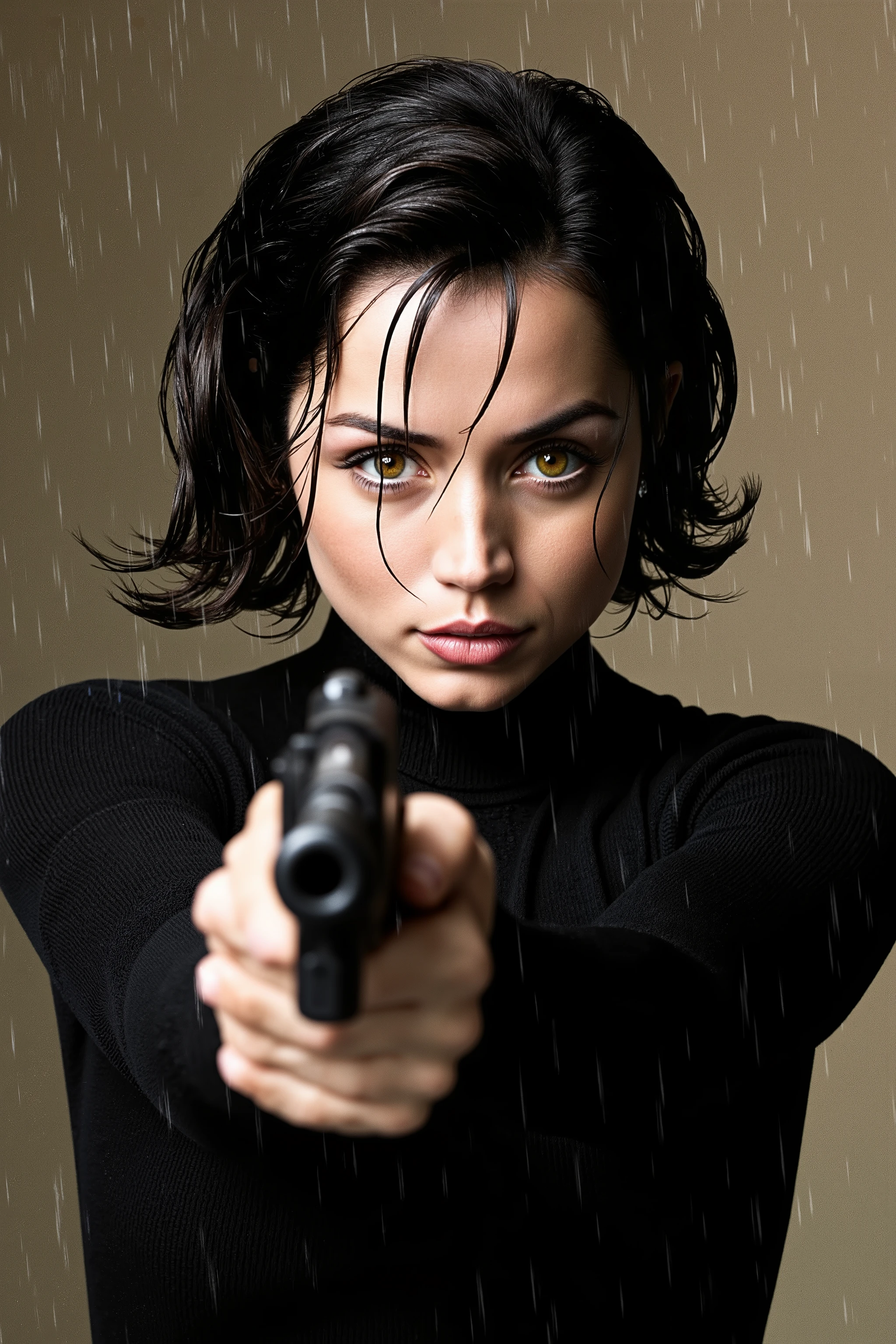 A Caucasian woman, middle-aged, in her 20s, is the central figure in a promotional image. She is positioned slightly off-center, on the right side of the frame, and is facing the viewer directly. Her expression is intense and determined, with a serious, focused gaze and slightly pursed lips. She has short, black hair, wet and clinging to her face. Her clothing consists of a dark, possibly black, top, appearing as if it is a close-fitting, tactical top. Her arms are engaged in holding a revolver, her hand gripping it firmly. The environment is a rain-drenched setting, with heavy rain streaking down the background. The background features a mottled, neutral tone, with various shades of brown, gray, and beige. Water droplets and streaks are visible on the woman and the background. The lighting is dramatic, highlighting the contrast between the wet surfaces and the darker clothing. The style of the image is gritty and suggestive of a dramatic action movie or poster. Significant details include the water, the woman's intense expression, and her determined hold on the weapon, creating a dramatic and intense mood. The composition emphasizes the woman's powerful stance and the dynamic action of the scene.