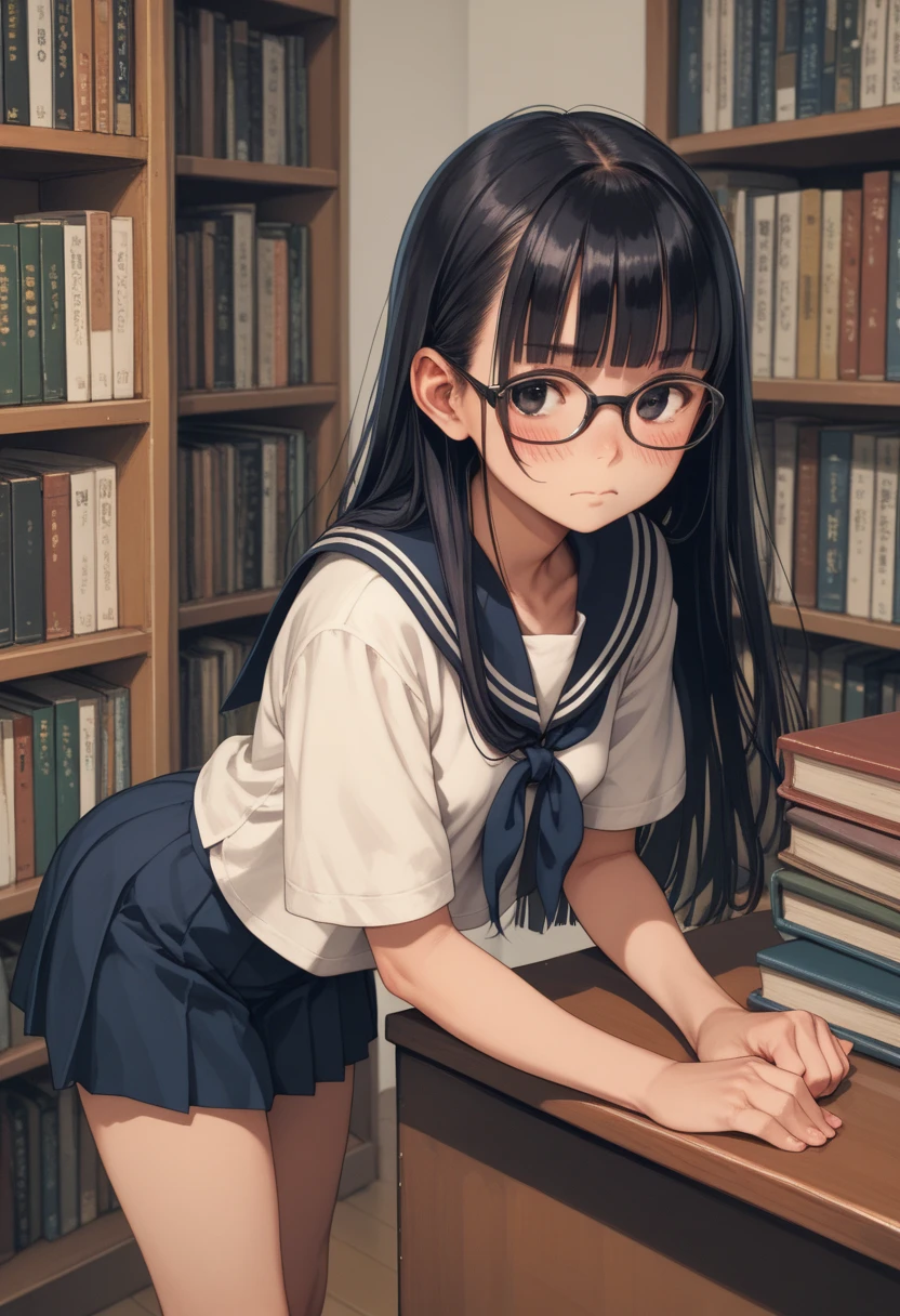 hight resolution, top-quality, ultra-quality, The ultra-detailliert, lighting like a movie、small tits、School Library、sitting and spreading her legs、embarrassed from、A dark-haired、Black-rimmed glasses、Wearing sweat、full of sweat、