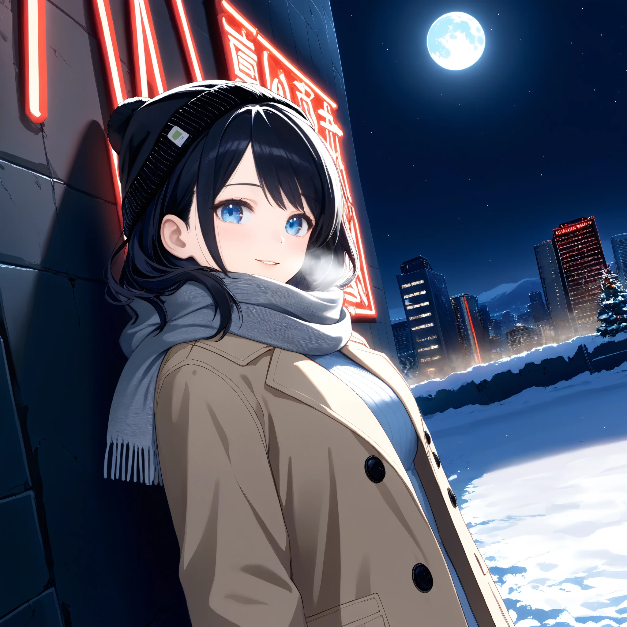 1girl, visual novel, dutch angle,, light blue eyes, black hair, light smile, parted lips, winter, snow, city, hokkaido, red neon lights, night, moonlight, moon, black beanie, beige overcoat, (long hair, medium hair), swept bangs, grey scarf, visible breath, head tilt, looking at viewer, wall, next to wall, against wall, back against wall, beautiful, tsurime, (toned:1.1), light particles, medium breasts, from side,
