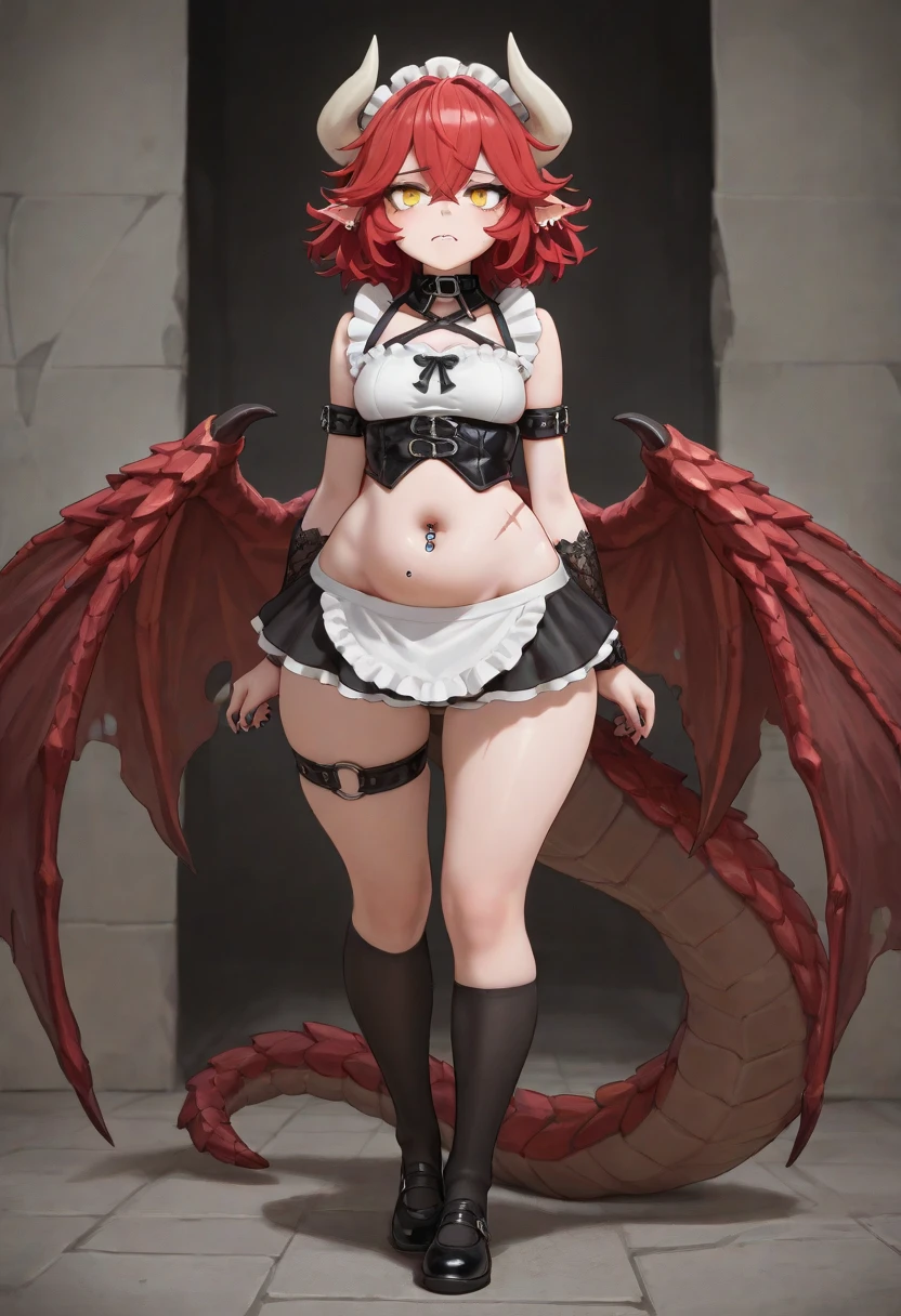 masterpiece, best quality, highly detailed, intricate design, brilliant colors, mink_\(dragon_half\), dragon wings, dragon tail, dragon horns, knee boots, choker, red hair, red eyes, <lora:mink:1> leather outfit,