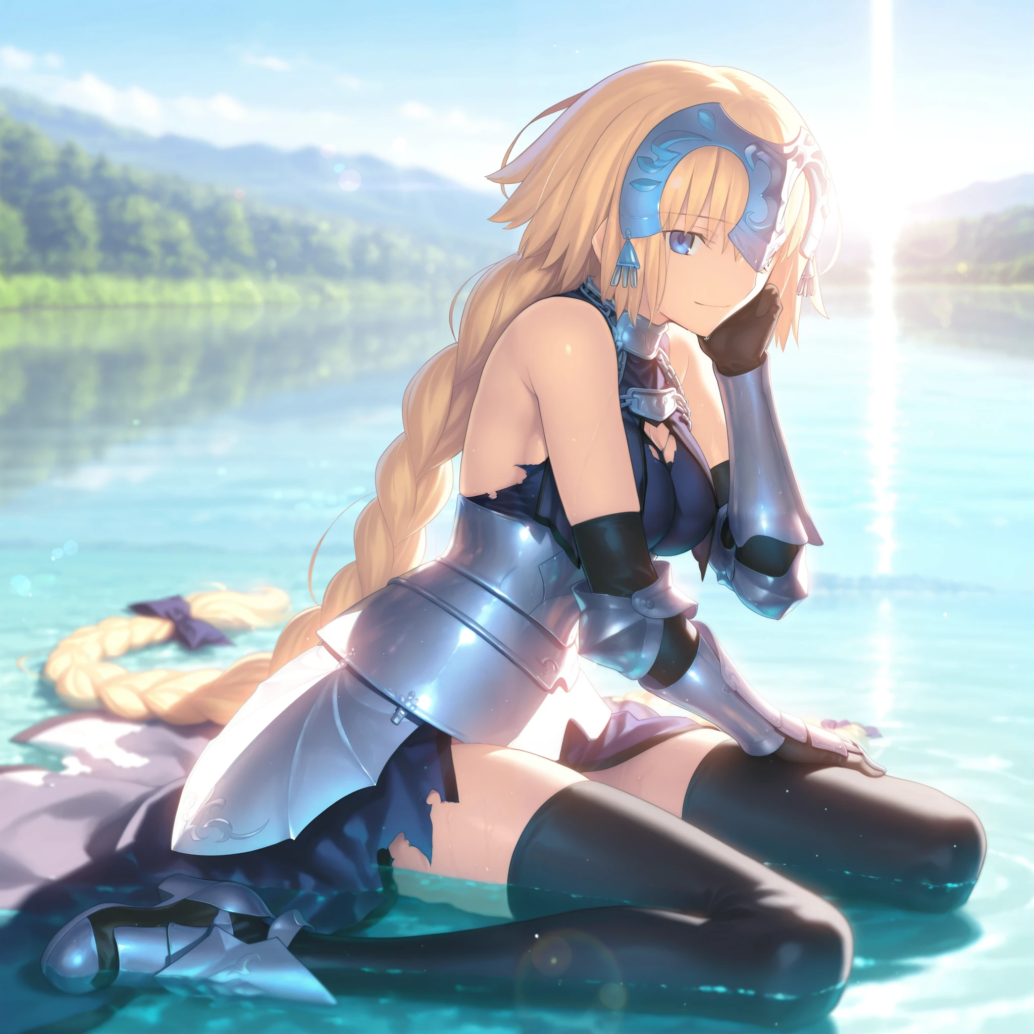 masterpiece, , absurdres, highres, detailed background, high resolution, masterpiece, necessary, detail, best quality, quality, necessary, details, High details, Precise,, backlight, on lake, blue sky, day, outdoors, solo, lens flare, blurry background, (upper body shot), on water, backlight,
girl, Takeuchi Takashi (type-moon,fate) style, takeuchi takashi style, (wariza, sitting on water), light smile, head rest,
girl, mature, tall female, jeanne d arc, \(fgo\), blue eyes, half-closed eyes, jeanne d arc, blonde hair, medium hair, (), armor, armored dress, black gloves, black thighhighs, big braid, torn dress, gauntlets, gloves, headpiece, torn blue dress, single braid, thighhighs, long legs, medium breasts, looking at viewer, , ,