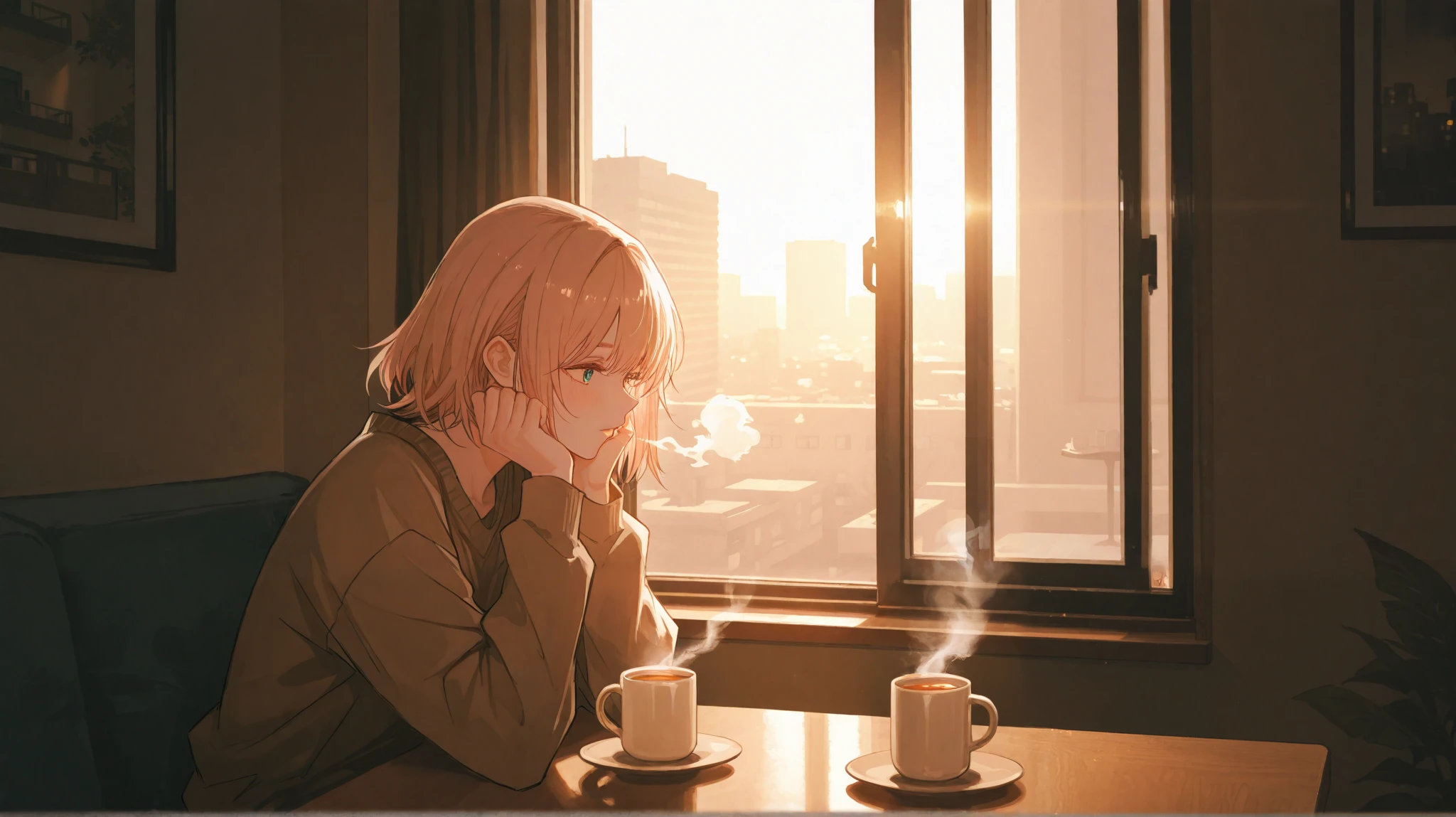 A peaceful apartment with warm lighting. Seo Minjoon sits across from Han Yura at a small table, a cup of tea between them. He takes a deep breath and finally admits what he’s hidden for years: “I was already in love with you.” Yura’s eyes widen, her fingers lightly gripping the edge of her mug. Outside the window, the city glows softly, but inside, time seems to slow as she processes the weight of his words.