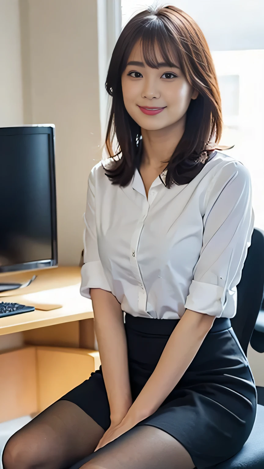 (((masterpiece))), (((Best Quality: 1.4))), ((very detailed: 1.4)) , Woman using tablet in room , Seductive Beauty、Pencil Skirt 、 Super Real Pantyhose 、Skirt and pantyhose、A hard working and capable beautiful secretary、work, Under the desk, I can see 、 legs in tights when I'm sitting on a chair 、Live action film Steel , Full Device, With the magic tablet, PROFILE POSE , (REAL PICTURES) , Serious work, elegant look