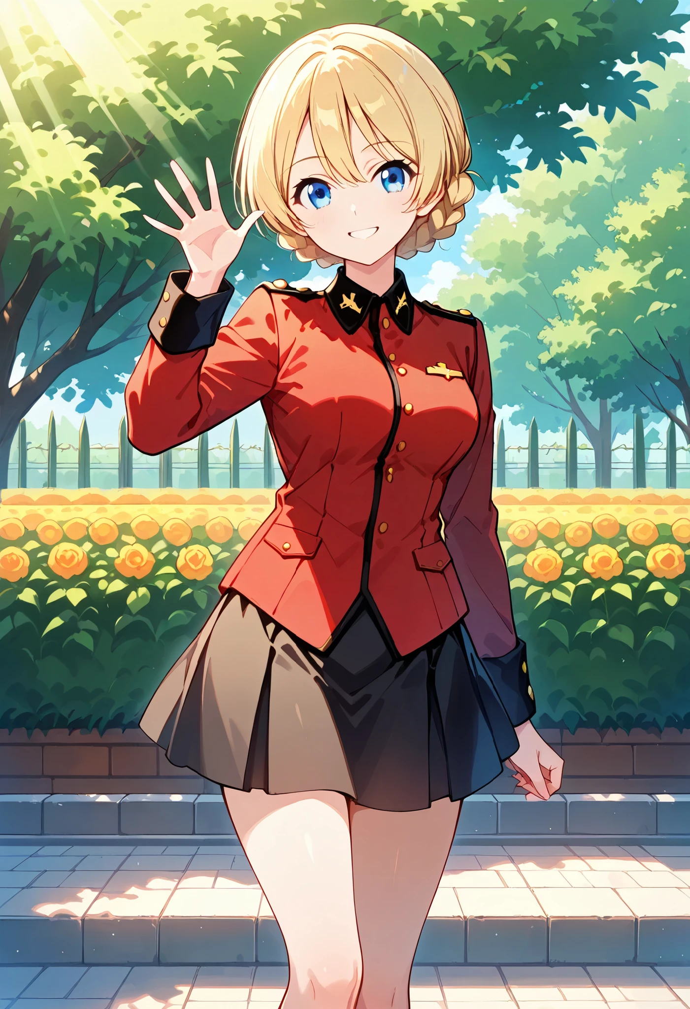 Best Quality, Good Quality, on the left and right side very beautiful,high resolution , high quality DVD、Standing、one girl, alone,Darjeeling, short hair , braided hair , bungs , holy . Gloriana's military uniform , Epaulettes , (Red Jacket:1 . 2) , long sleeve , black skirt , outdoor ,garden、cowboy short,is waving