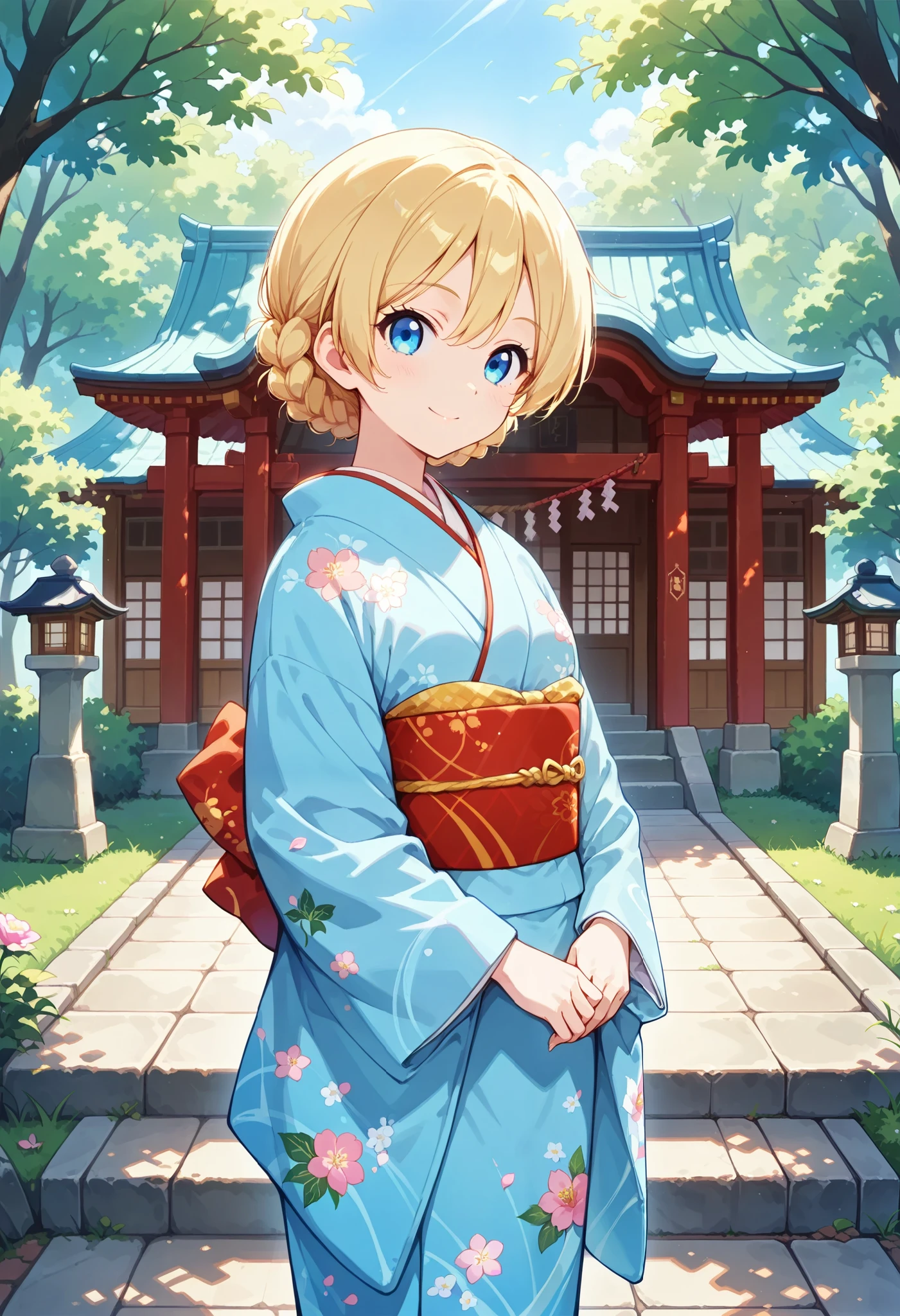 Best Quality, Good Quality, on the left and right side very beautiful,high resolution , high quality DVD、 one girl , alone、female,Darjeeling, short hair , braided hair , bungs , light blue Japanese kimono , outdoor ,Standing、cowboy short