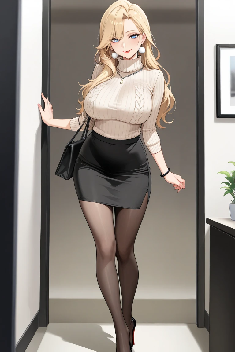 woman, ((Masterpiece, best quality)), full body view, huge breasts, detailed skin,tight blouse, short pencil skirt ,black pantyhose, highly detailed, cinematic lighting, ultra realistic, blush, looking at viewer, anna, anna from movie, full body, full body in frame