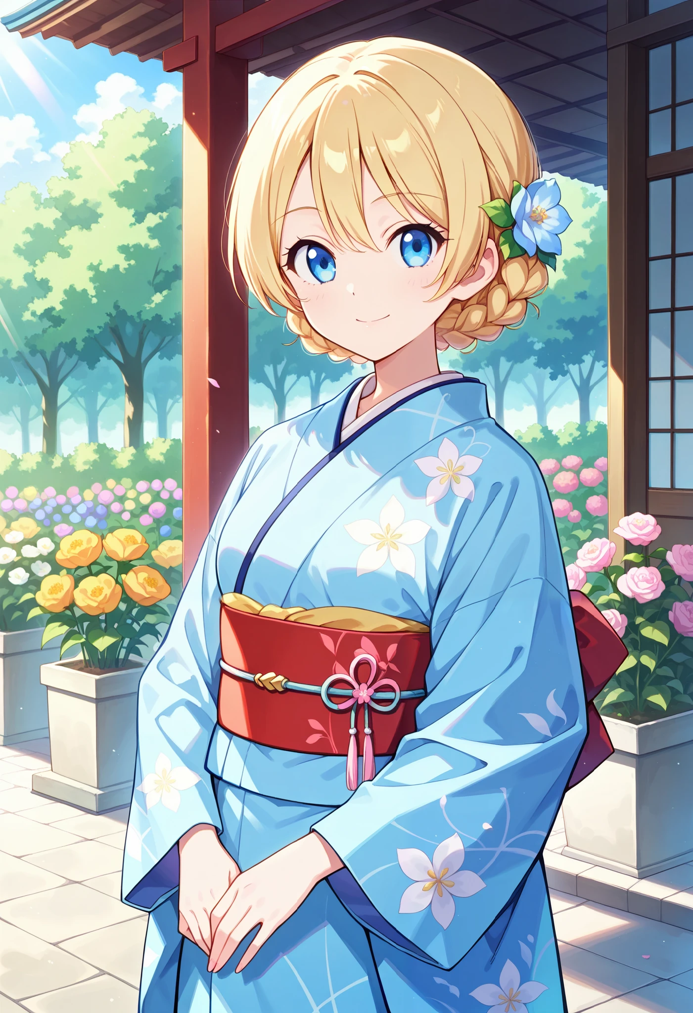 Best Quality, Good Quality, on the left and right side very beautiful,high resolution , high quality DVD、 one girl , alone、female,Darjeeling, short hair , braided hair , bungs , Anime girl wearing light blue traditional Japanese clothes、Flowers in hair、outdoor、garden ,Standing、cowboy short