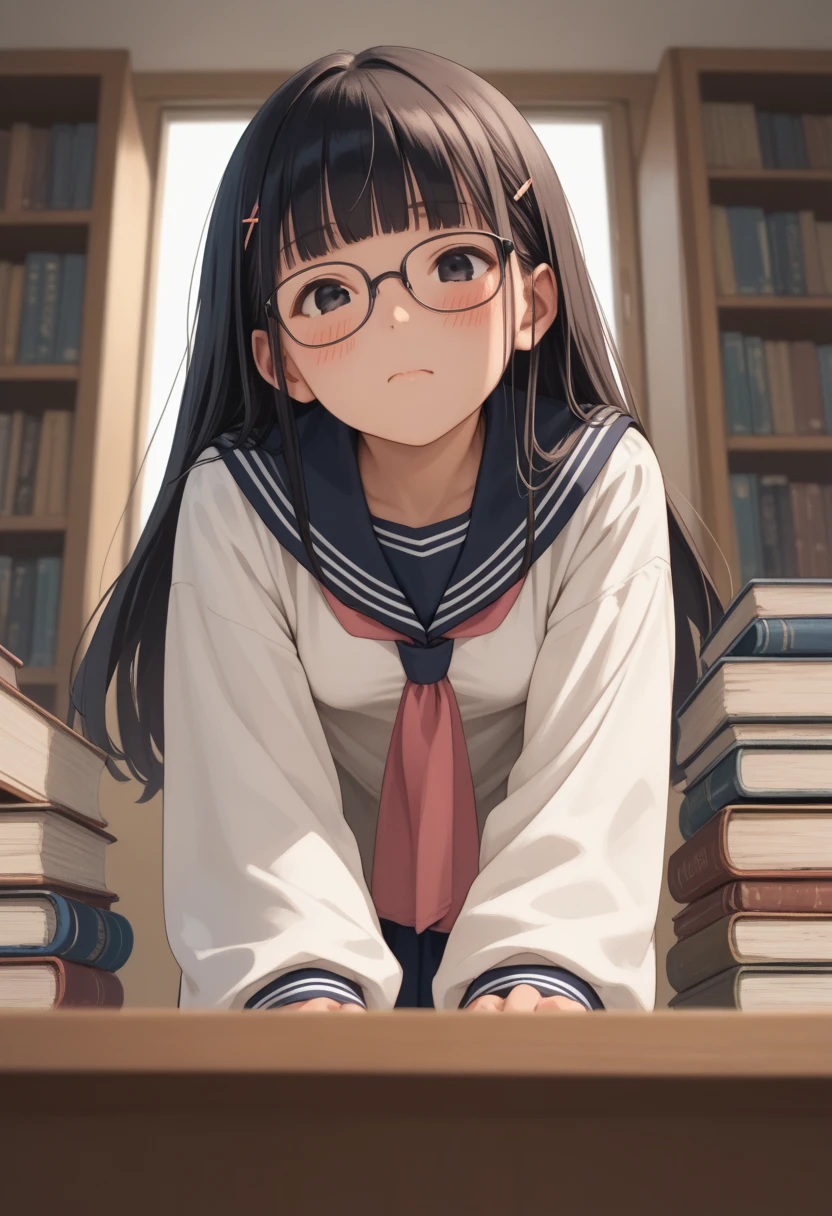((masterpiece,Highest quality;1.3,best illustration,realistic)),Looking up at the viewer、1woman、solo,22 year old beauty,((very small head:1.1)),center parted bangs,forehead,black hair,long hair,black eyes,gorgeous eyes,Black-rimmed glasses、tears,shy,shock、medium breasts,((very long body)),((toned body,slender body,skinny)),gleaming skin,shiny skin,oily skin,(oversized blue cardigan,Dark blue pleated mini skirt)、White tank top、kneeling,incontinence、peeing,library、Tokyo、