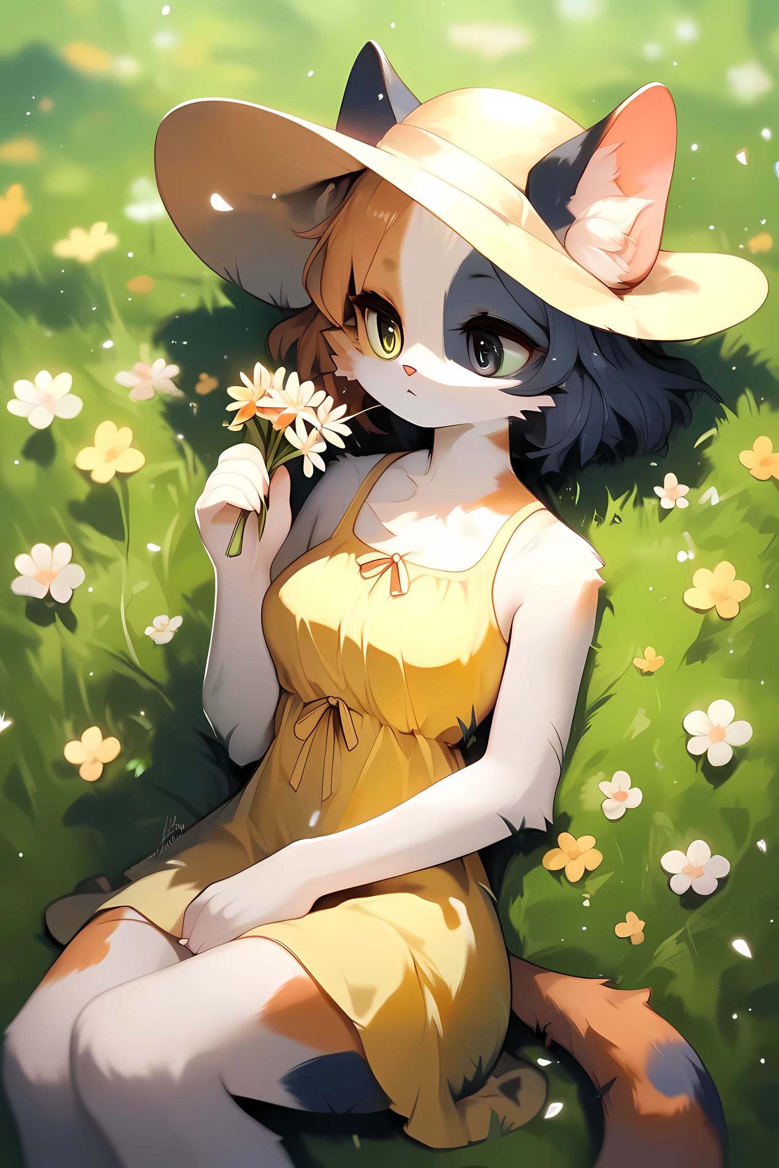 score_9, score_8_up, score_7_up, source_furry, (detailed eyes, beautiful eyes, black pupils, pupils)1.2, (beautiful, detailed background, very aesthetic, digital artwork, digital art, well shaded artwork, depth)1.2, anime - style image of a woman furry, calico cat furry, yellow sundress and yellow hat, short hair, grassfield, beautiful girl, beautiful scenery, (SFW VERSION)1.2, laying on grass, eyes half closed, holding flower, sniffing on flower, pixiv art, masterpiece, side view