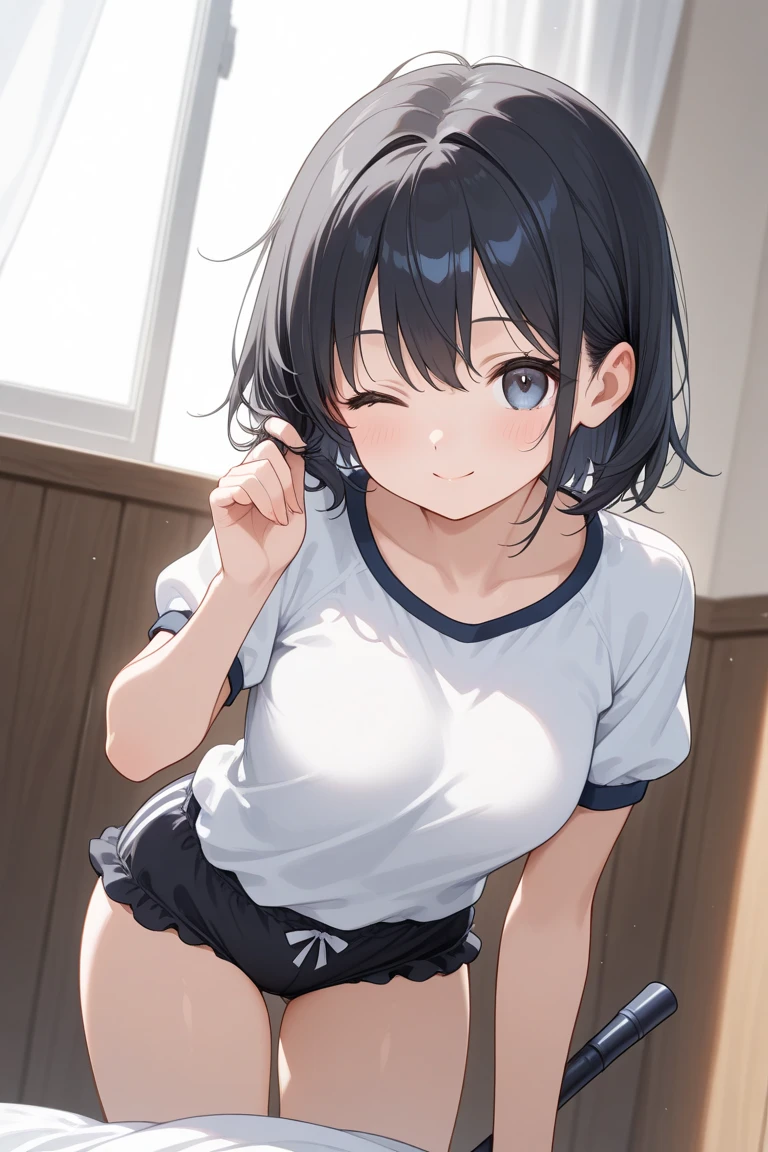 ((best quality)), ((masterpiece)), ((detailed)), (((perfect face))), (((slender 18yo age girl))), ((((medium breasts)))), ((((topless)))), ((((dark blue pleated skirt)))), ((dark brown hair)), ((short ponytail)), (((blue eyes))), ((shy:1.3)), ((blushing:1.5)), (((bare chest))), ((bare stomach)), ((bare shoulders)), (((bare arms))), (((standing))), ((((detailed background)))), (((office, windows))), (((looking at viewer))), (((shy smile))), (((holding skirt))), (((view from above)))