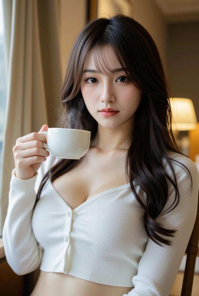 1lady sitting, holding a mug, office worker outfit, beautiful mature lady, adult woman, older sister type, brown hair, bangs, [sweet light smile], (8k, ultra high resolution, best masterpiece, Highest quality:1.2), delicate illustration, ultra-detailed, /(modern office indoors/), night skyscraper, Twenty generations, Mid-chest, [[Cleavage]], light sexy, seductive, expressive lips, fine texture skin, (HD skin:1.2),  Ultra detailed and delicate face, 8K resolution, High quality CG, Beautiful CG, Soft Light, UHD 8K Image, CG unity, C4D render, 3D rendering