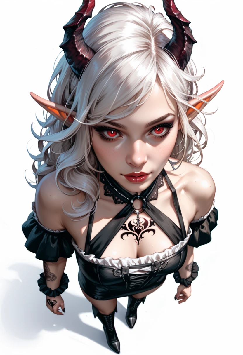 photo(portrait, from the front, close up, facing camera) of a woman(solo, succubus, short hair, wavy hair, white hair, pale skin, executioner, small nose, red eyes, cruel face, black horns, sadistic, violent, evil, perverted, grim, cold), hentai game, anime, best quality, masterpiece, maximum detail, high resolution
