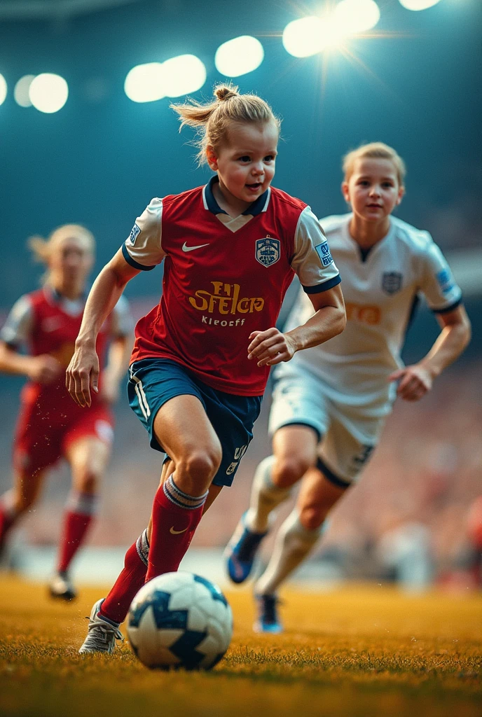 Photorealistic, Beautiful, white, female, young teen, long blonde hair, sky blue eyes, wearing red soccer shirt tucked into red soccer shorts, wearing knee high white socks, wearing red and white soccer cleats, running on soccer field, kicking soccer ball